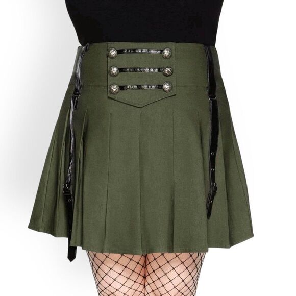 High Waist Military Green Black Leather Harness Straps Skirt Killstar NEW - Picture 3 of 4